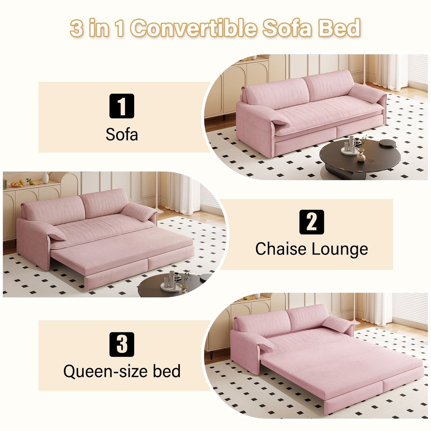 66 Queen Pull Out Sofa Bed, 3-in-1 Convertible Sleeper Sofa with Side Storage,Multi-Functional Velvet Loveseat Bed
