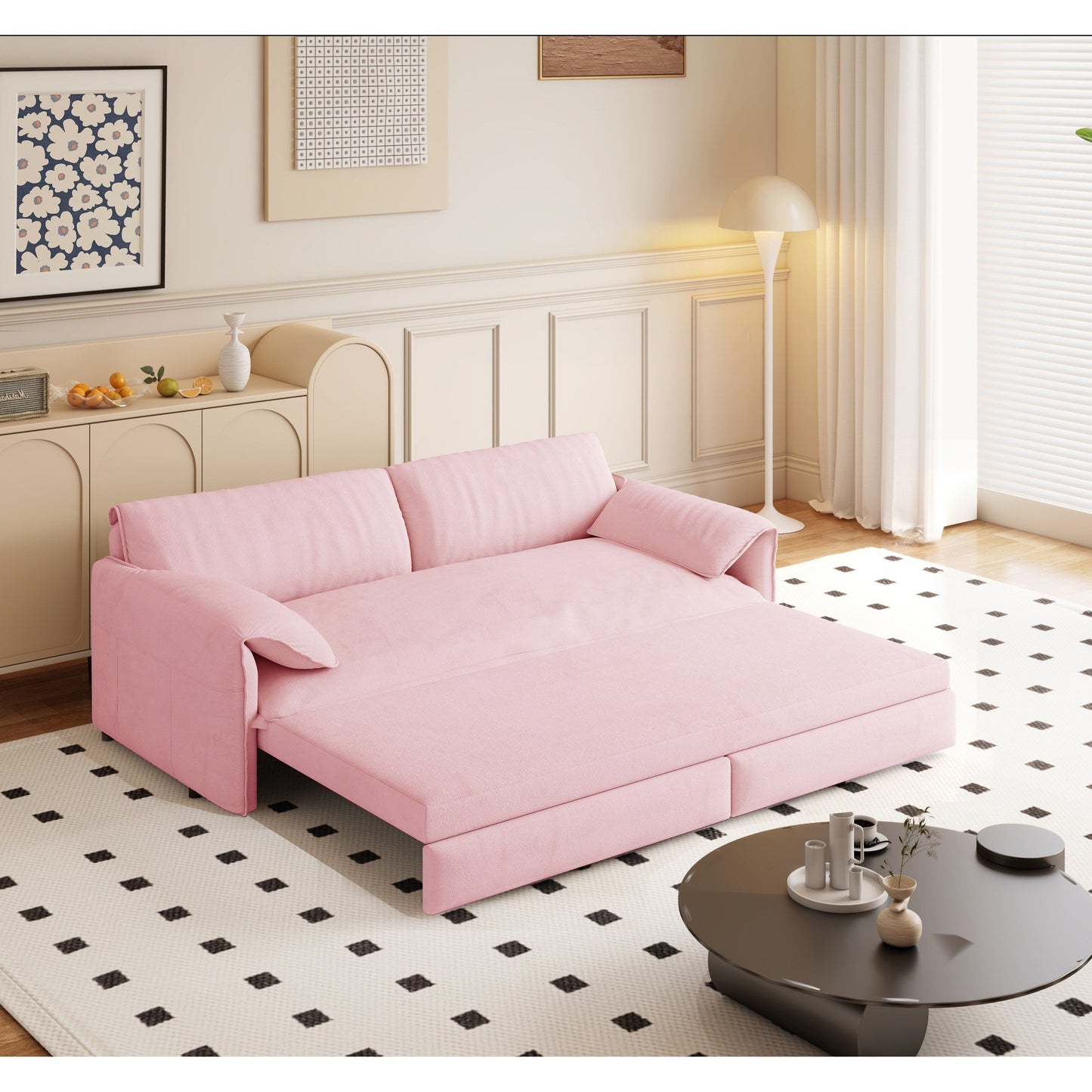 66 Queen Pull Out Sofa Bed, 3-in-1 Convertible Sleeper Sofa with Side Storage,Multi-Functional Velvet Loveseat Bed