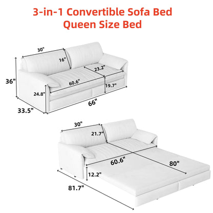 66 Queen Pull Out Sofa Bed, 3-in-1 Convertible Sleeper Sofa with Side Storage,Multi-Functional Velvet Loveseat Bed