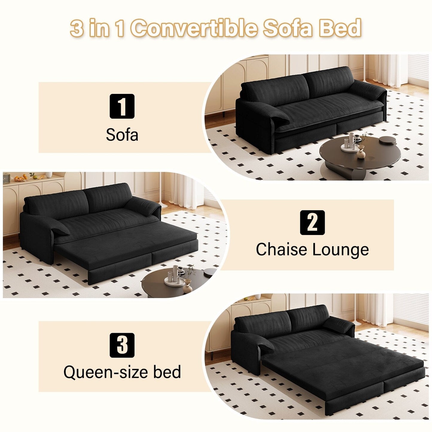 66 Queen Pull Out Sofa Bed, 3-in-1 Convertible Sleeper Sofa with Side Storage,Multi-Functional Velvet Loveseat Bed