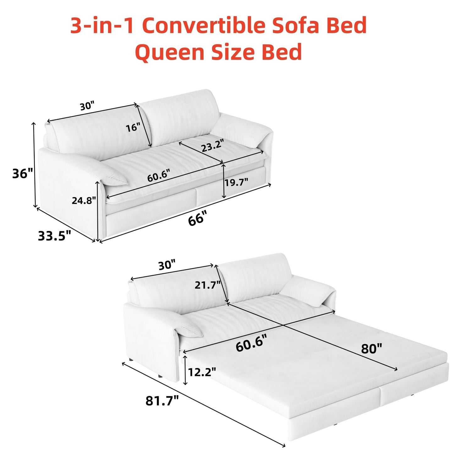 66 Queen Pull Out Sofa Bed, 3-in-1 Convertible Sleeper Sofa with Side Storage,Multi-Functional Velvet Loveseat Bed
