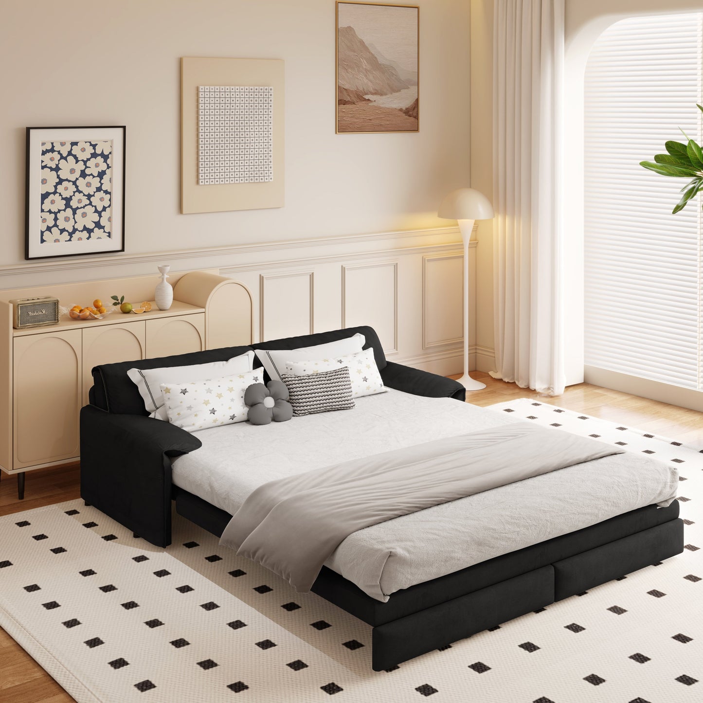 66 Queen Pull Out Sofa Bed, 3-in-1 Convertible Sleeper Sofa with Side Storage,Multi-Functional Velvet Loveseat Bed