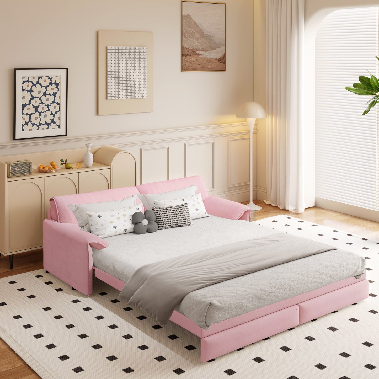 66 Queen Pull Out Sofa Bed, 3-in-1 Convertible Sleeper Sofa with Side Storage,Multi-Functional Velvet Loveseat Bed