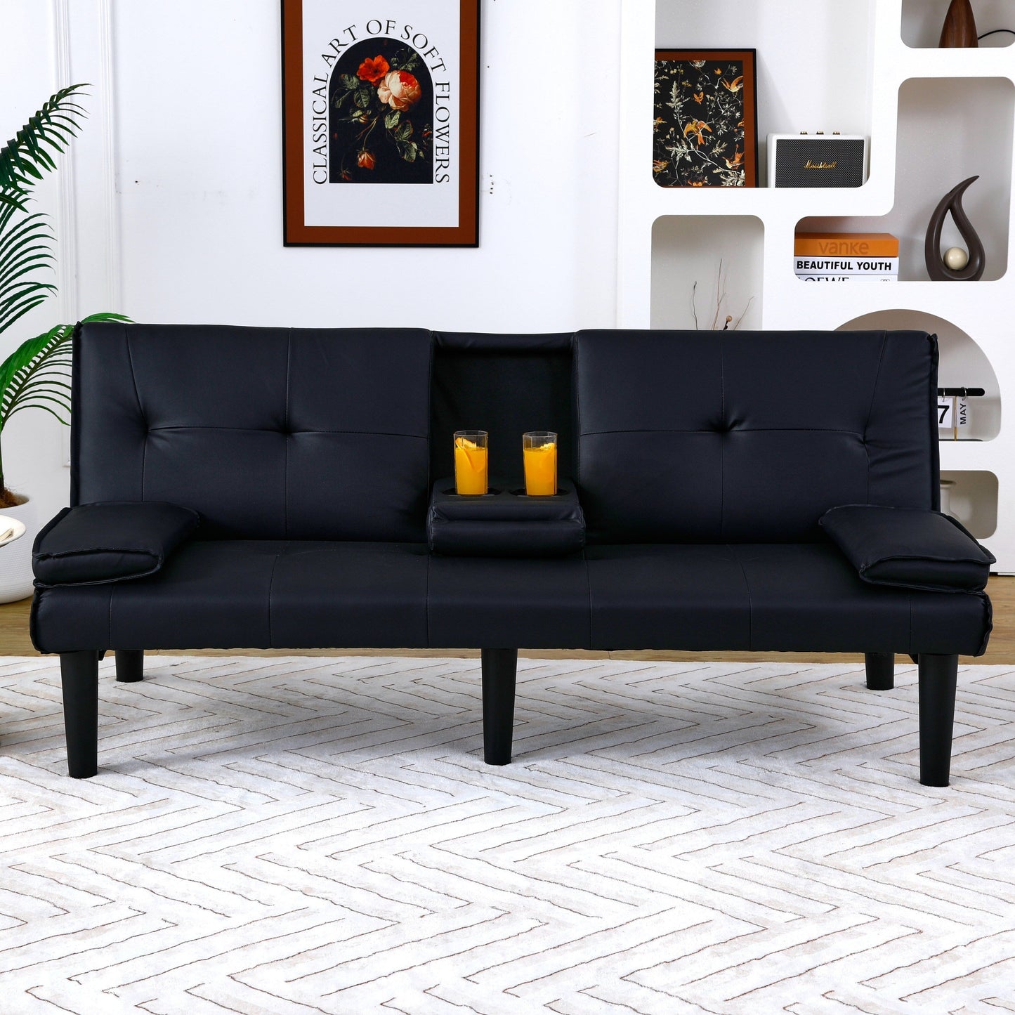 67 Inch Black PVC Foldable Sofa Bed with Cup Holder for Living Room Guest Room Dorm Office
