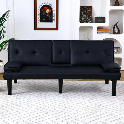 67 Inch Black PVC Foldable Sofa Bed with Cup Holder for Living Room Guest Room Dorm Office