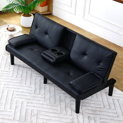 67 Inch Black PVC Foldable Sofa Bed with Cup Holder for Living Room Guest Room Dorm Office