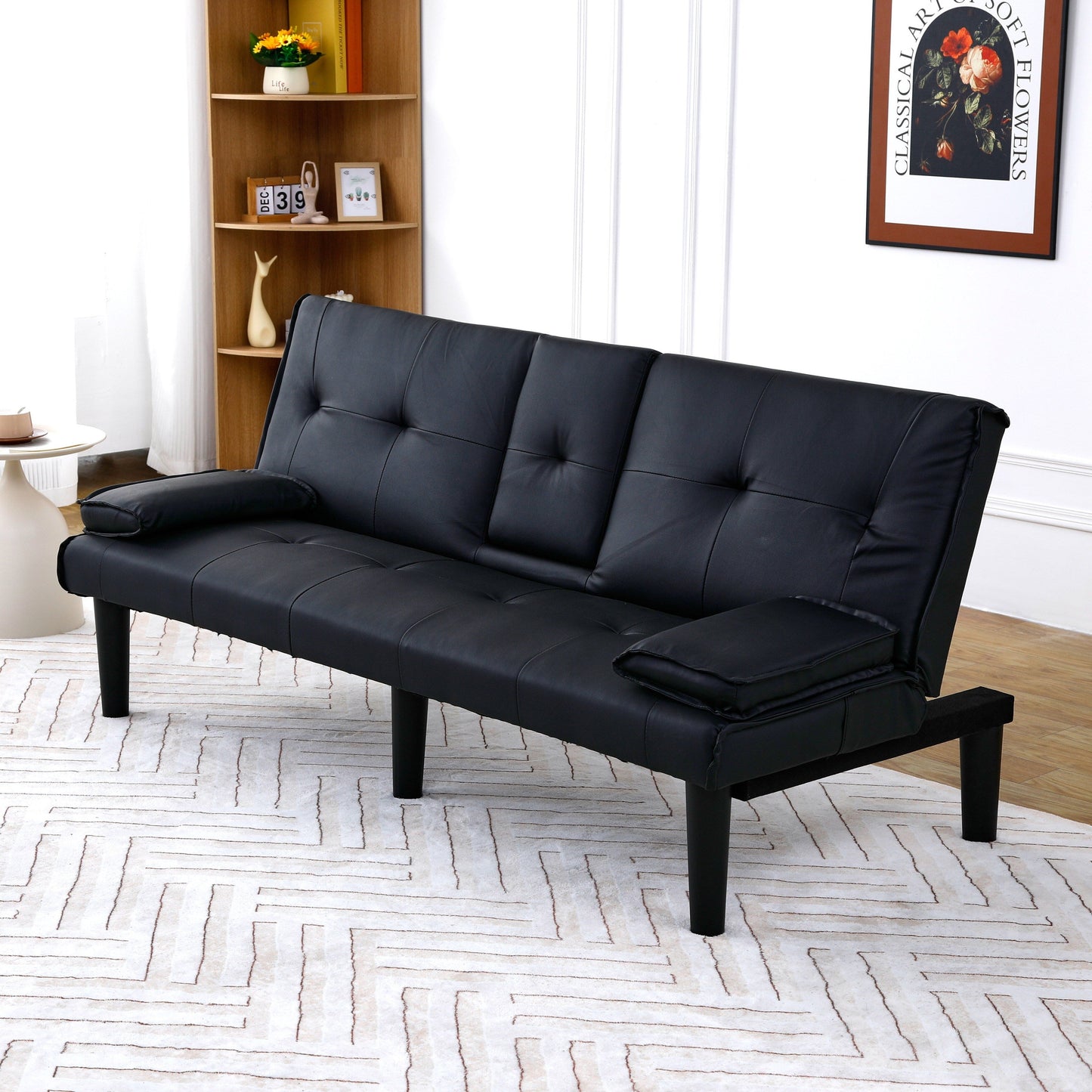 67 Inch Black PVC Foldable Sofa Bed with Cup Holder for Living Room Guest Room Dorm Office