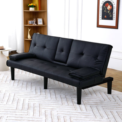 67 Inch Black PVC Foldable Sofa Bed with Cup Holder for Living Room Guest Room Dorm Office