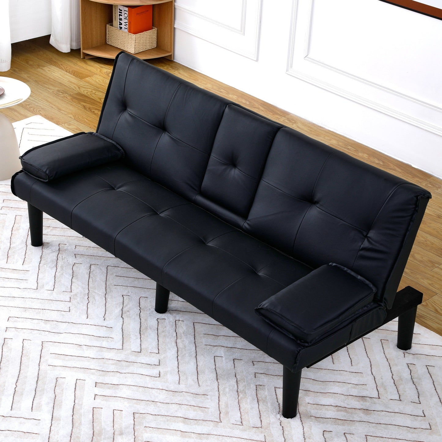 67 Inch Black PVC Foldable Sofa Bed with Cup Holder for Living Room Guest Room Dorm Office