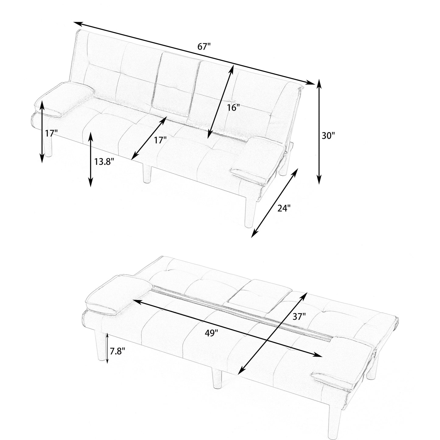 67 Inch Black PVC Foldable Sofa Bed with Cup Holder for Living Room Guest Room Dorm Office