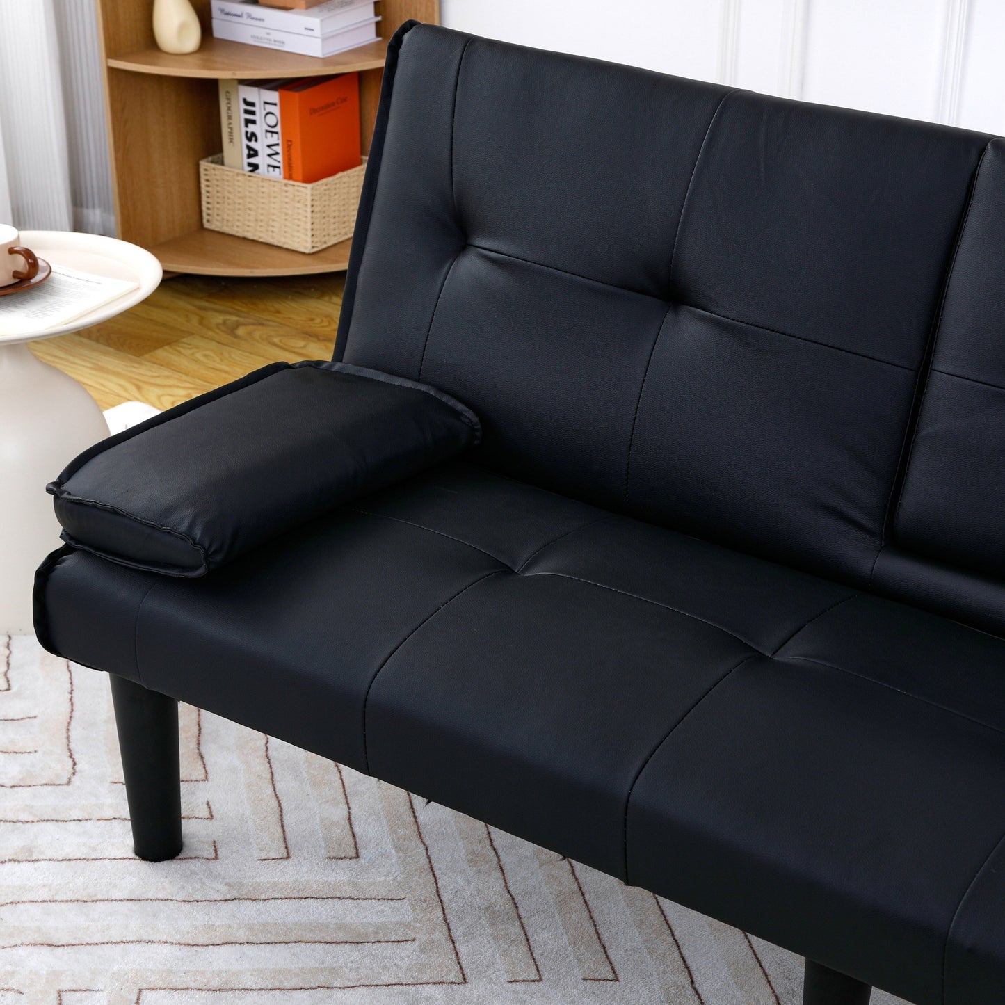 67 Inch Black PVC Foldable Sofa Bed with Cup Holder for Living Room Guest Room Dorm Office