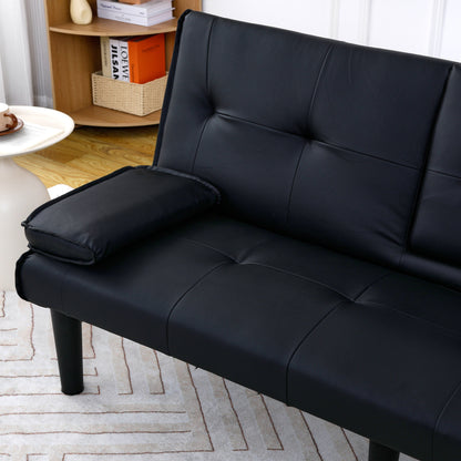 67 Inch Black PVC Foldable Sofa Bed with Cup Holder for Living Room Guest Room Dorm Office