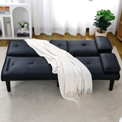 67 Inch Black PVC Foldable Sofa Bed with Cup Holder for Living Room Guest Room Dorm Office