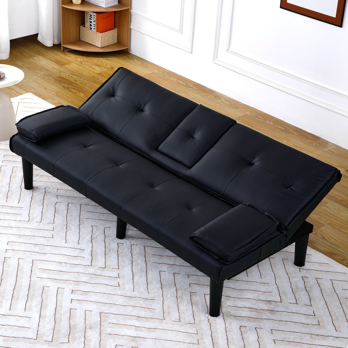 67 Inch Black PVC Foldable Sofa Bed with Cup Holder for Living Room Guest Room Dorm Office