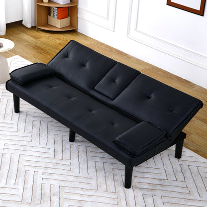 67 Inch Black PVC Foldable Sofa Bed with Cup Holder for Living Room Guest Room Dorm Office