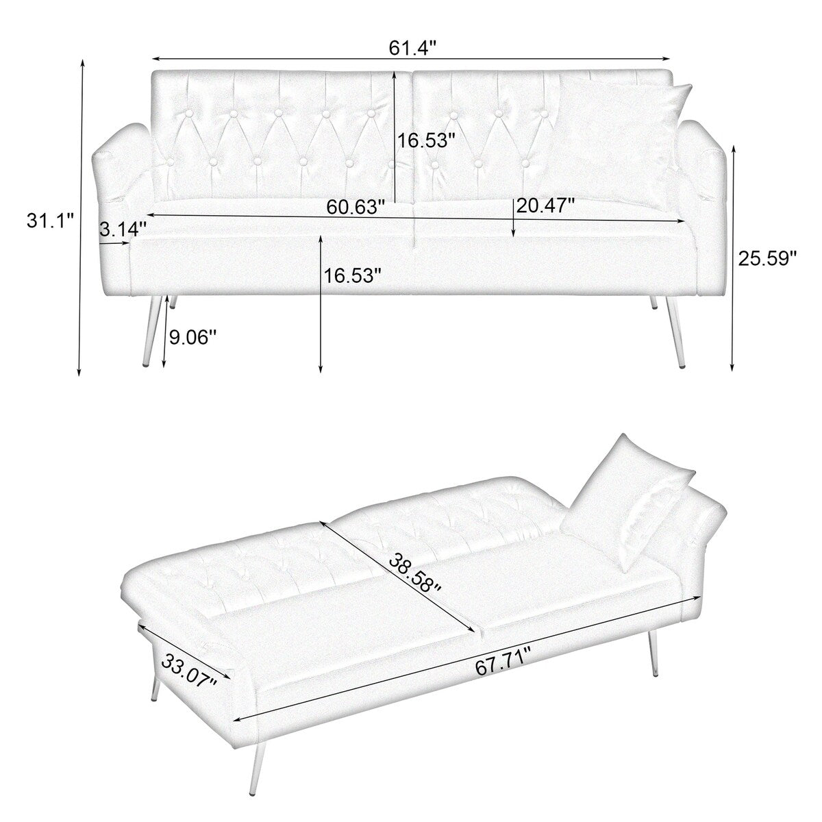 67.71 Inch Faux Leather Sofa Bed with Adjustment Armres - 67.71W * 33.07D* 31.1H
