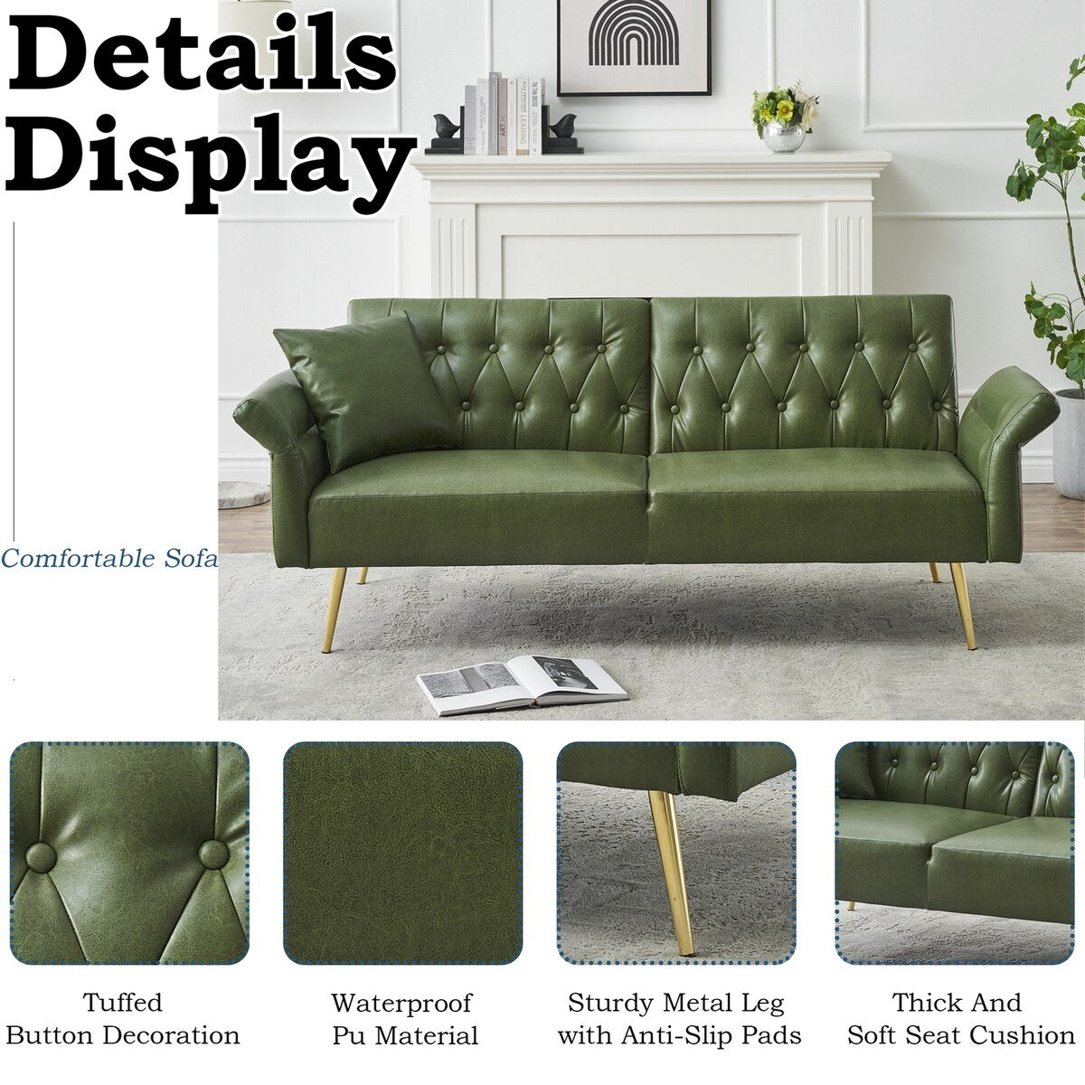 67.71 Inch Faux Leather Sofa Bed with Adjustment Armres - 67.71W * 33.07D* 31.1H