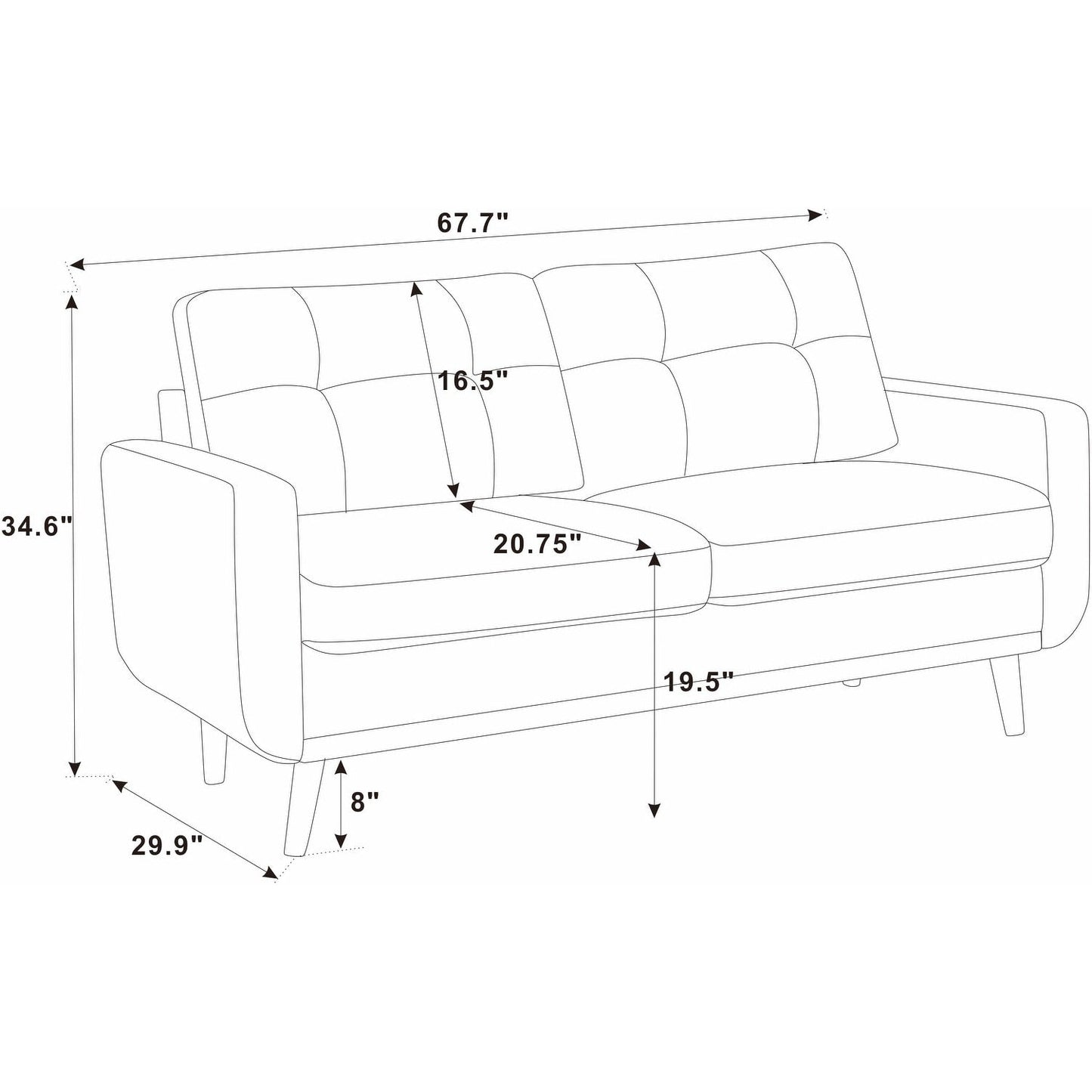 67.7 Wide Mid-Century Modern Upholstered Tufted Loveseat Sofa With Wooden Legs