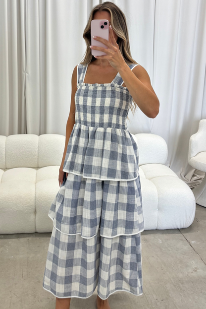 Ree Gingham Tiered Midi Dress in Blue