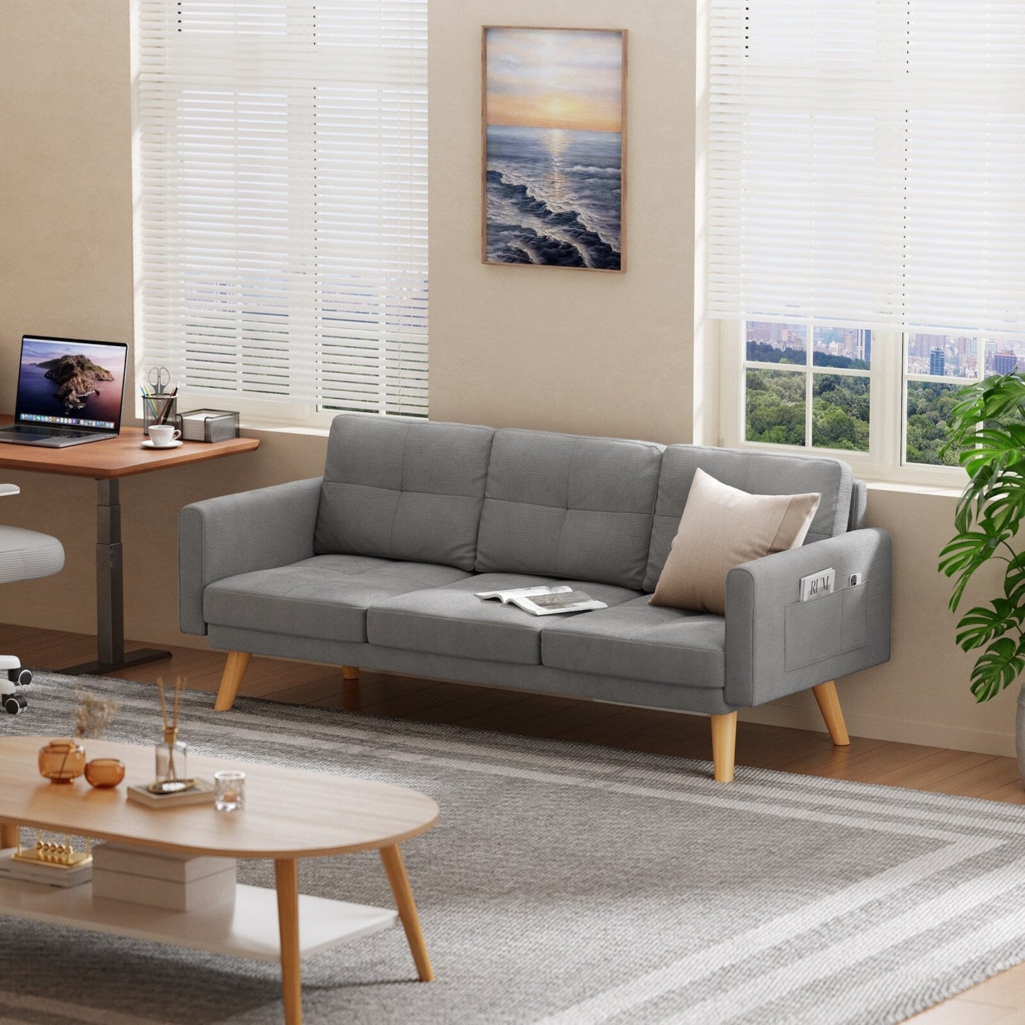 67” Sofa Couch with Soft Armrest Small Sofa Seat with 3 Comfy Pillows，3-Seater Couch for Livingroom