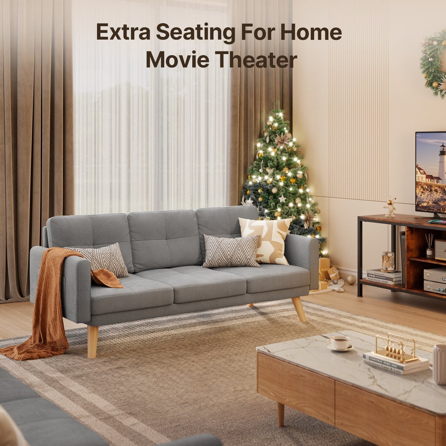 67” Sofa Couch with Soft Armrest Small Sofa Seat with 3 Comfy Pillows，3-Seater Couch for Livingroom