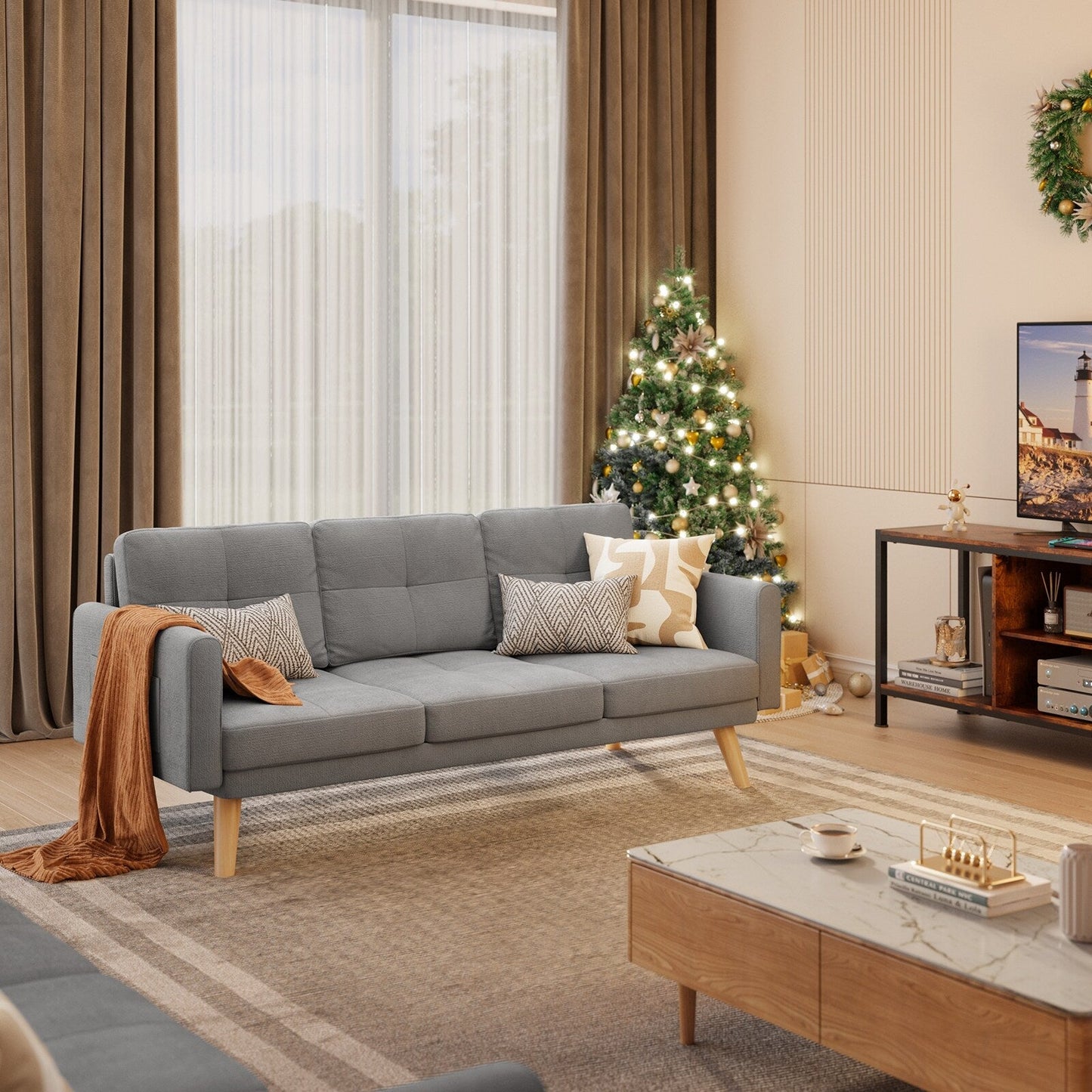 67” Sofa Couch with Soft Armrest Small Sofa Seat with 3 Comfy Pillows，3-Seater Couch for Livingroom