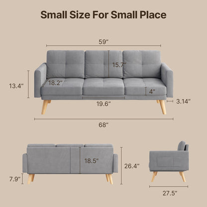 67” Sofa Couch with Soft Armrest Small Sofa Seat with 3 Comfy Pillows，3-Seater Couch for Livingroom