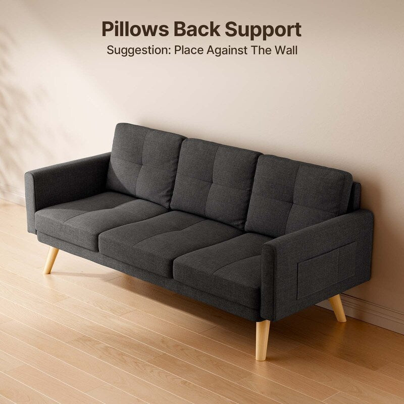 67” Sofa Couch with Soft Armrest Small Sofa Seat with 3 Comfy Pillows，3-Seater Couch for Livingroom