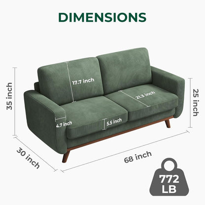 68 Green Corduroy Loveseat Sofa - Comfy Spring Cushion & Solid Wood Frame, Modern Deep Seat for Living Room & Office