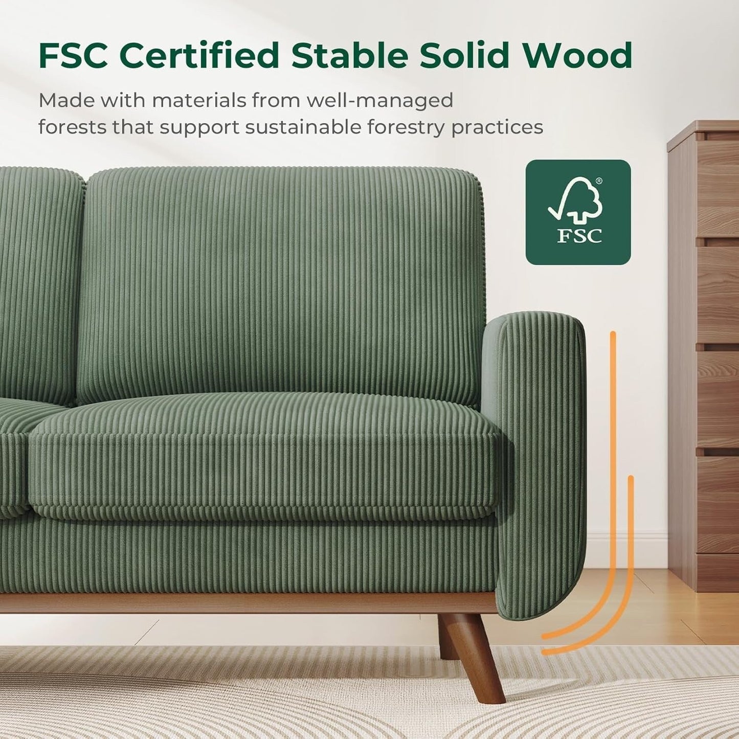 68 Green Corduroy Loveseat Sofa - Comfy Spring Cushion & Solid Wood Frame, Modern Deep Seat for Living Room & Office