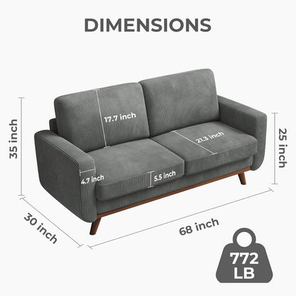 68 Green Corduroy Loveseat Sofa - Comfy Spring Cushion & Solid Wood Frame, Modern Deep Seat for Living Room & Office