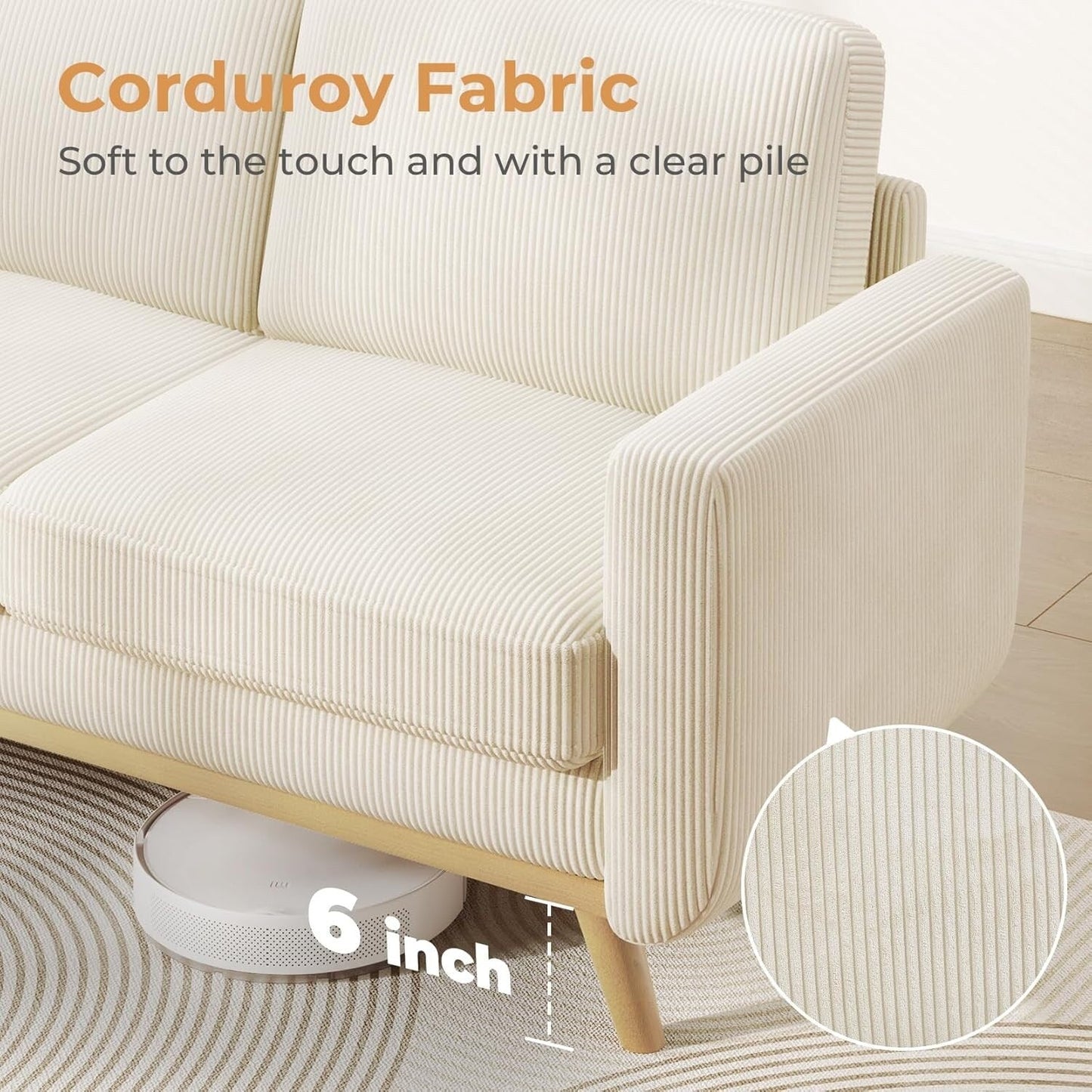68 Green Corduroy Loveseat Sofa - Comfy Spring Cushion & Solid Wood Frame, Modern Deep Seat for Living Room & Office