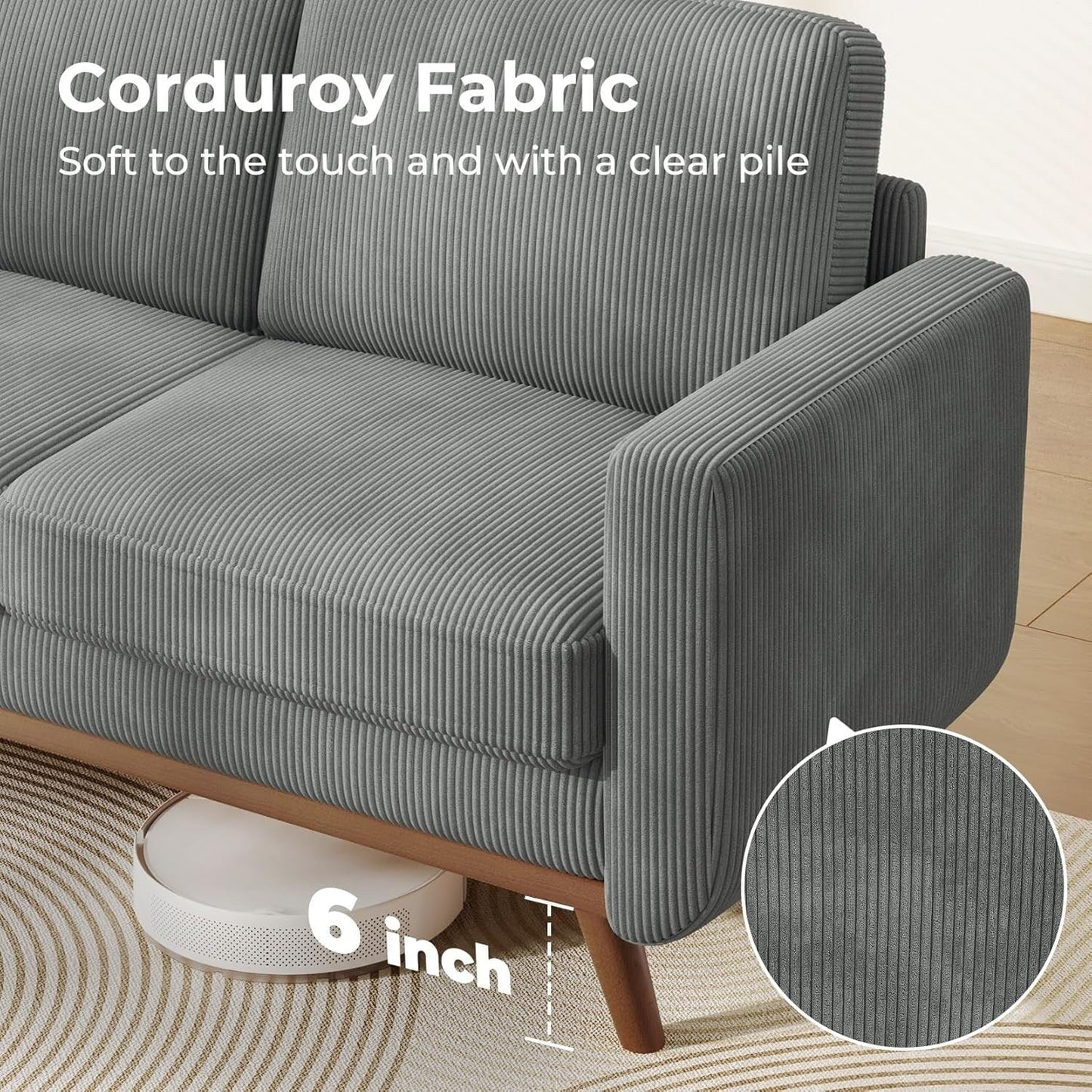 68 Green Corduroy Loveseat Sofa - Comfy Spring Cushion & Solid Wood Frame, Modern Deep Seat for Living Room & Office
