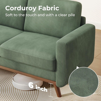 68 Green Corduroy Loveseat Sofa - Comfy Spring Cushion & Solid Wood Frame, Modern Deep Seat for Living Room & Office