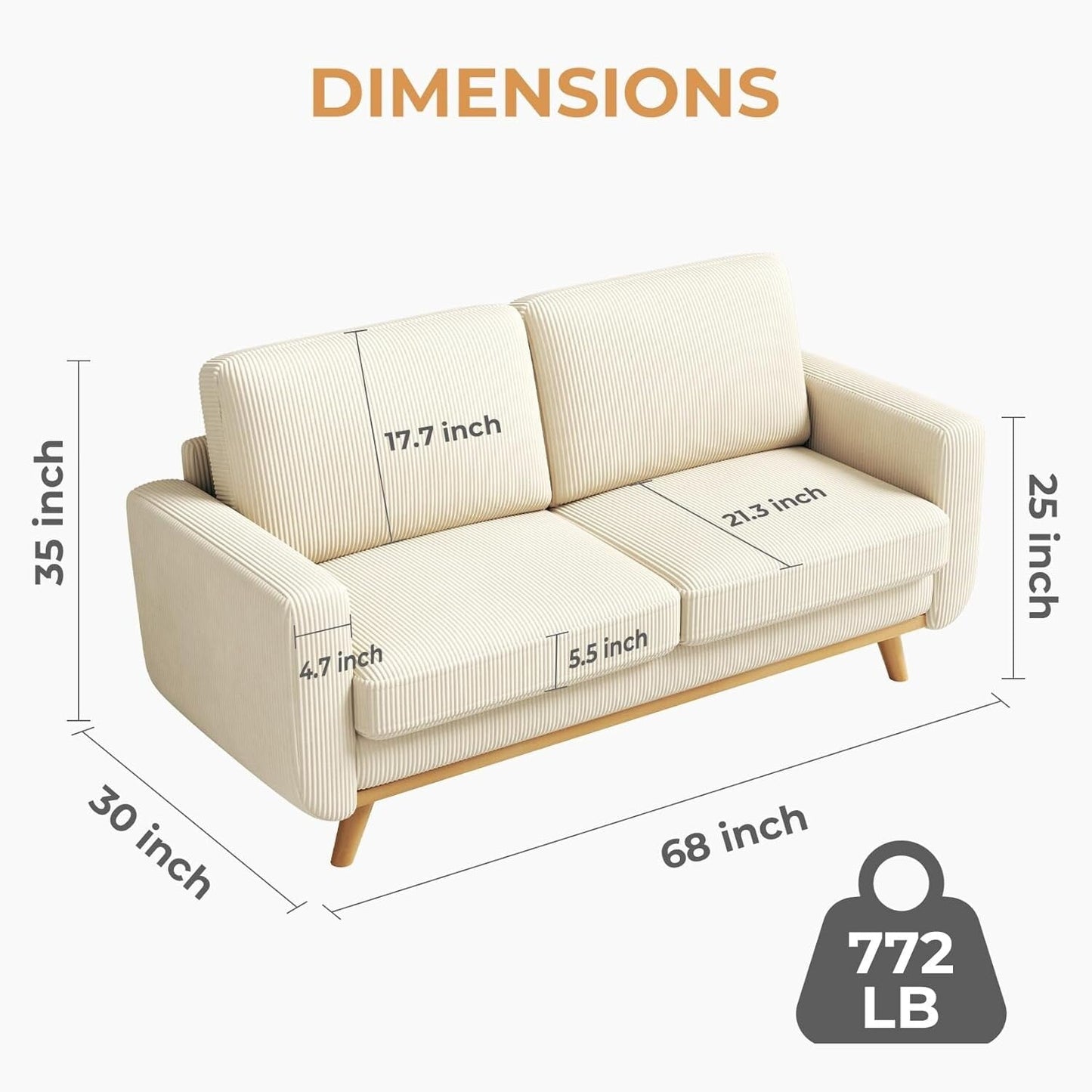 68 Green Corduroy Loveseat Sofa - Comfy Spring Cushion & Solid Wood Frame, Modern Deep Seat for Living Room & Office