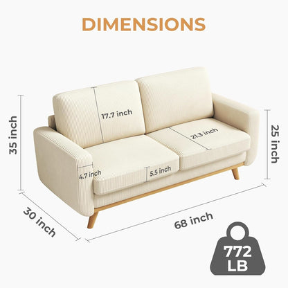 68 Green Corduroy Loveseat Sofa - Comfy Spring Cushion & Solid Wood Frame, Modern Deep Seat for Living Room & Office