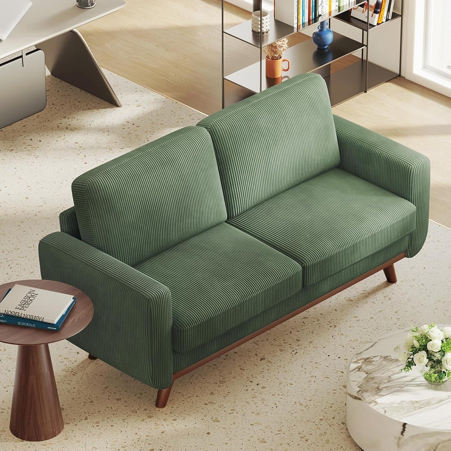 68 Green Corduroy Loveseat Sofa - Comfy Spring Cushion & Solid Wood Frame, Modern Deep Seat for Living Room & Office