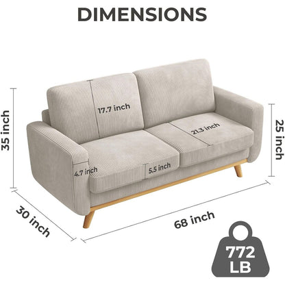 68 Green Corduroy Loveseat Sofa - Comfy Spring Cushion & Solid Wood Frame, Modern Deep Seat for Living Room & Office
