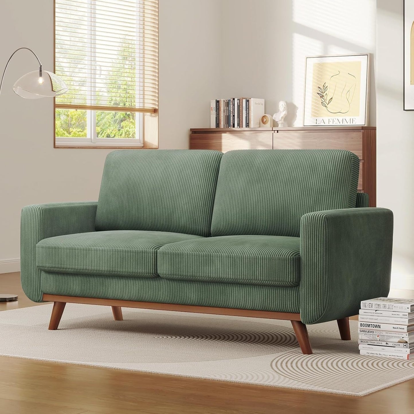 68 Green Corduroy Loveseat Sofa - Comfy Spring Cushion & Solid Wood Frame, Modern Deep Seat for Living Room & Office
