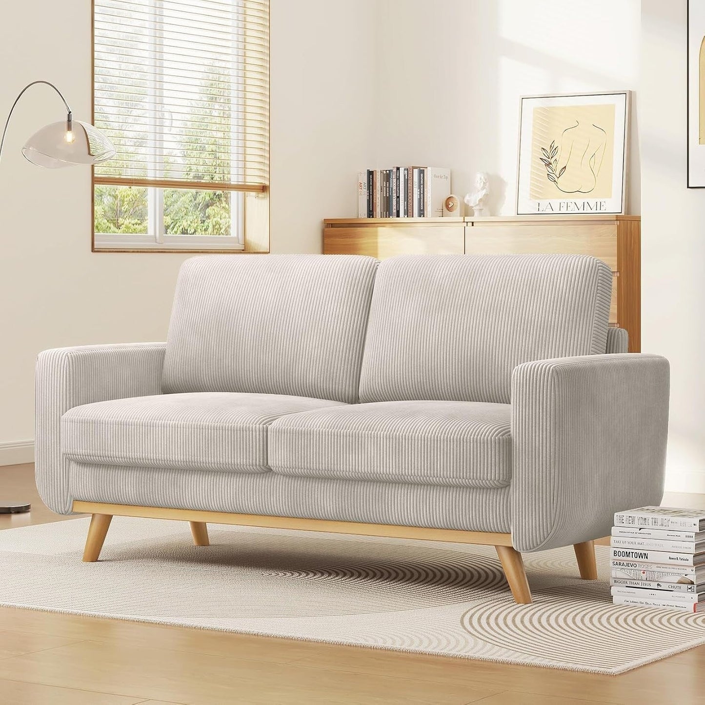 68 Green Corduroy Loveseat Sofa - Comfy Spring Cushion & Solid Wood Frame, Modern Deep Seat for Living Room & Office