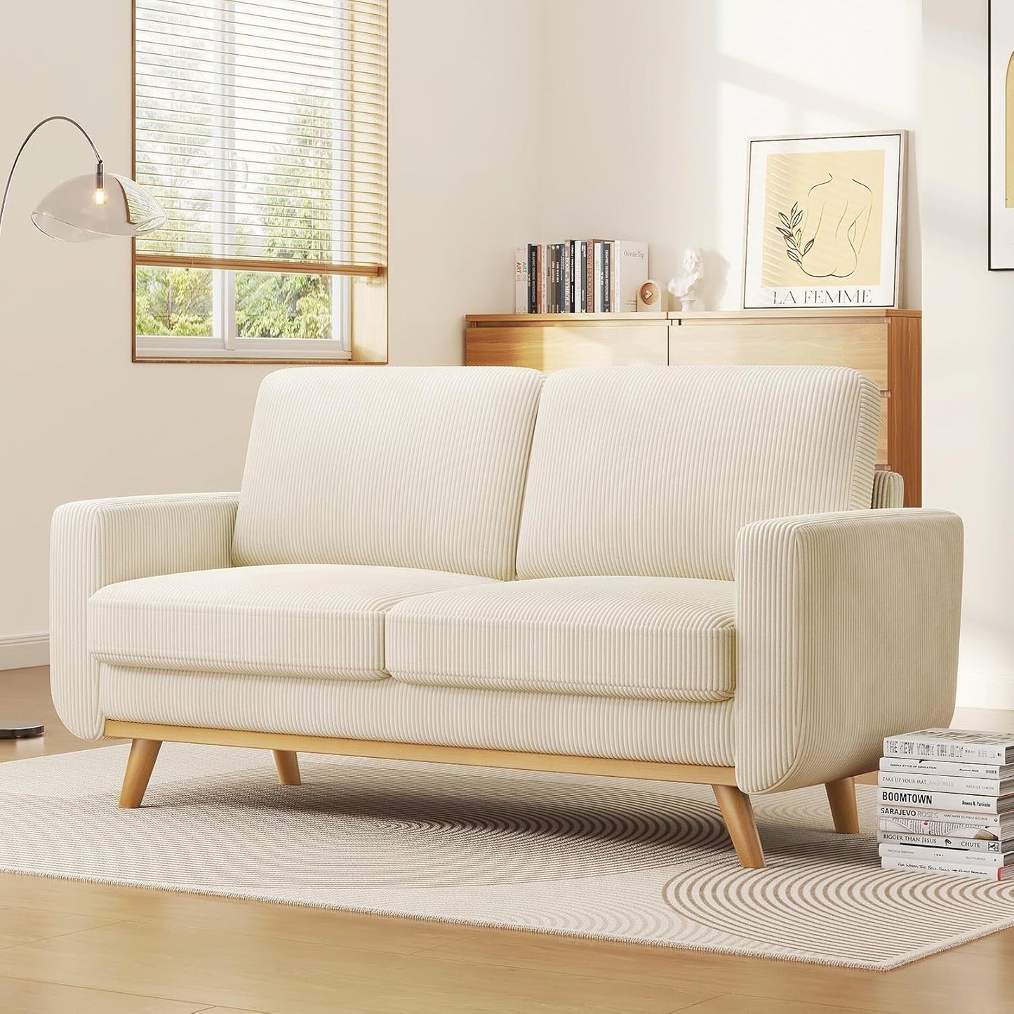 68 Green Corduroy Loveseat Sofa - Comfy Spring Cushion & Solid Wood Frame, Modern Deep Seat for Living Room & Office