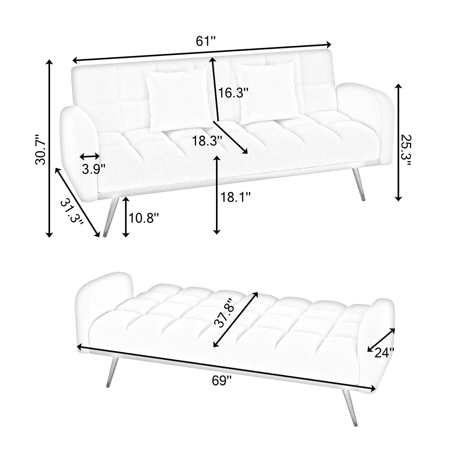 69 Inch Sofa Bed Beige with Adjustable Teddy Sofa for Small Space Living Room and Bedroom