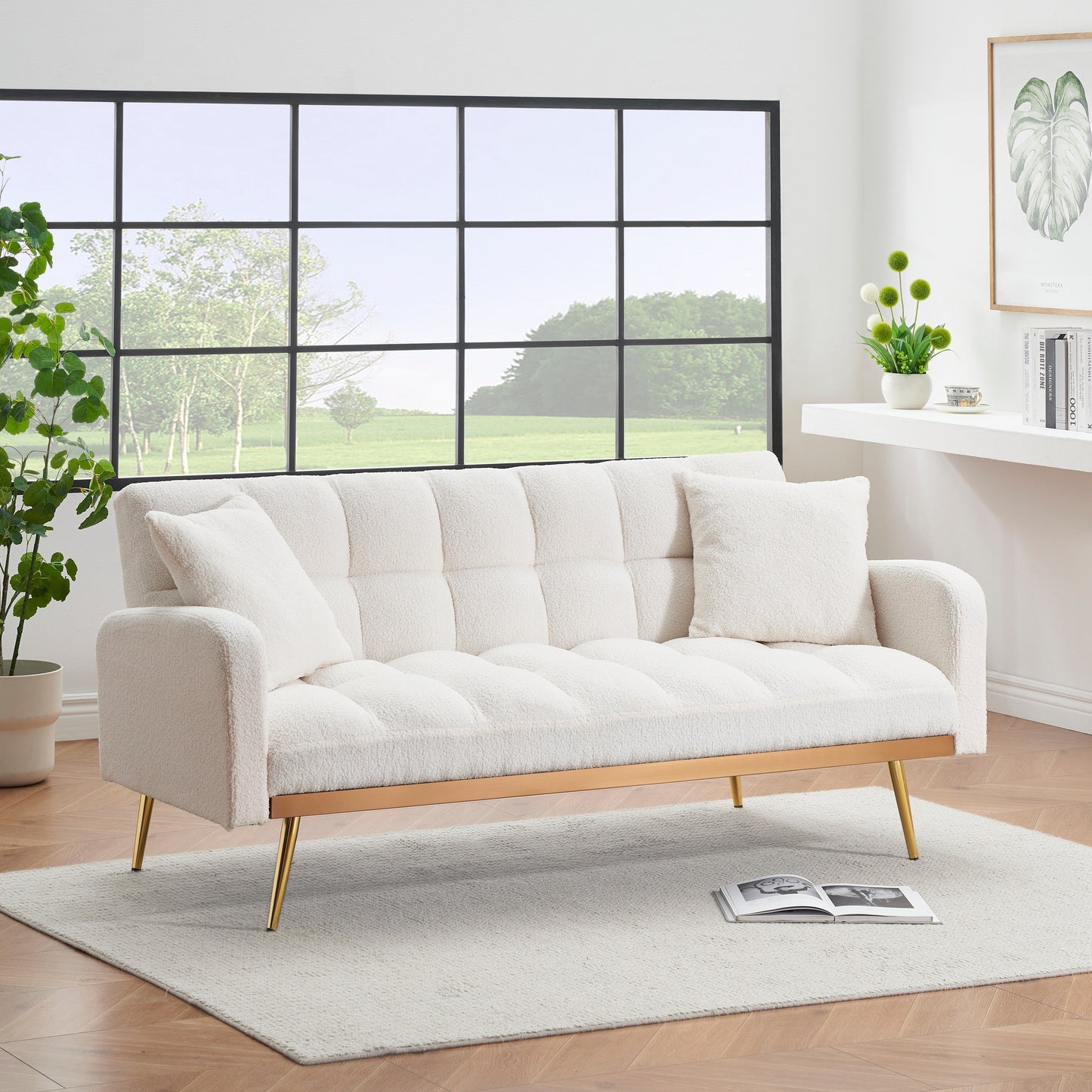 69 Inch Sofa Bed Beige with Adjustable Teddy Sofa for Small Space Living Room and Bedroom