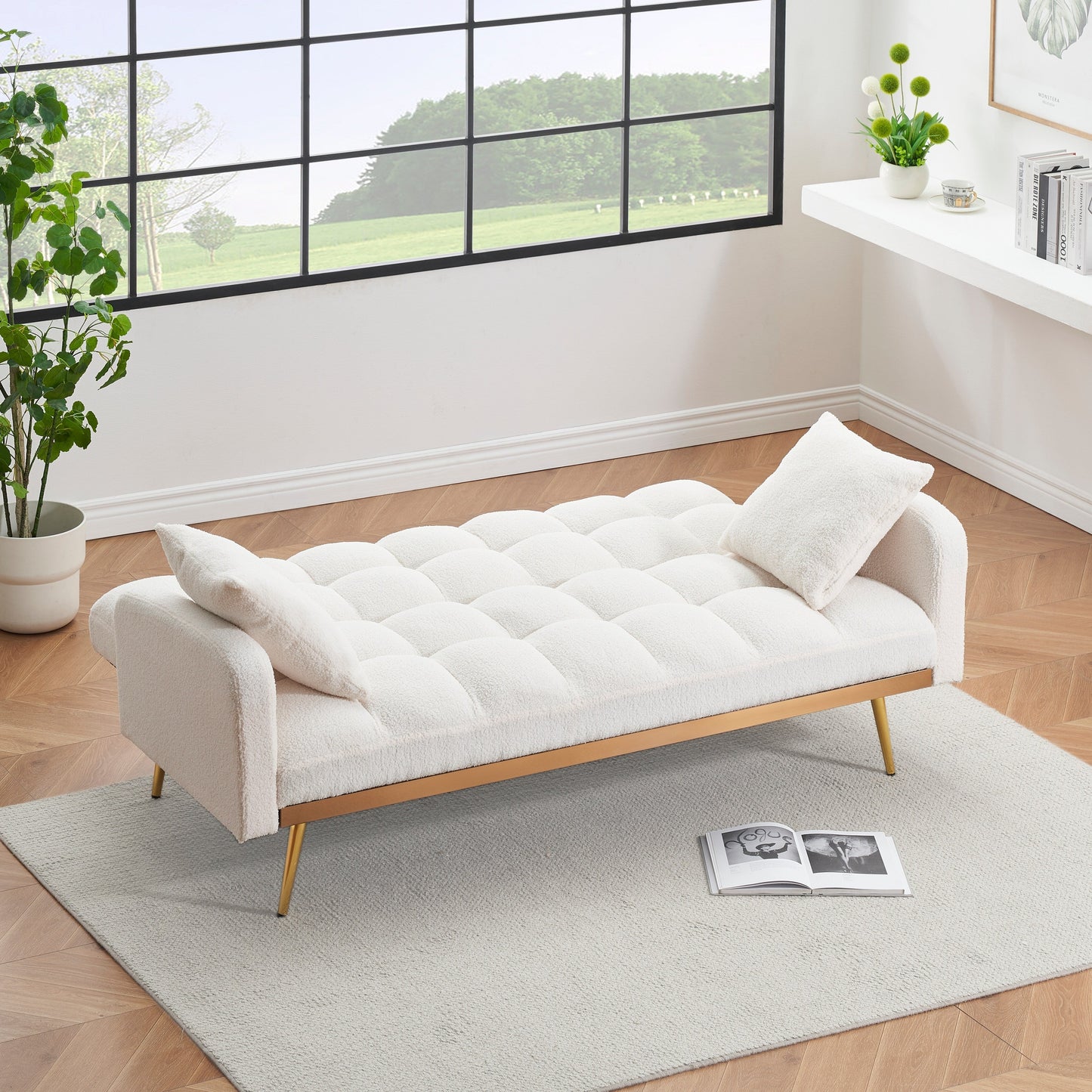 69 Inch Sofa Bed Beige with Adjustable Teddy Sofa for Small Space Living Room and Bedroom