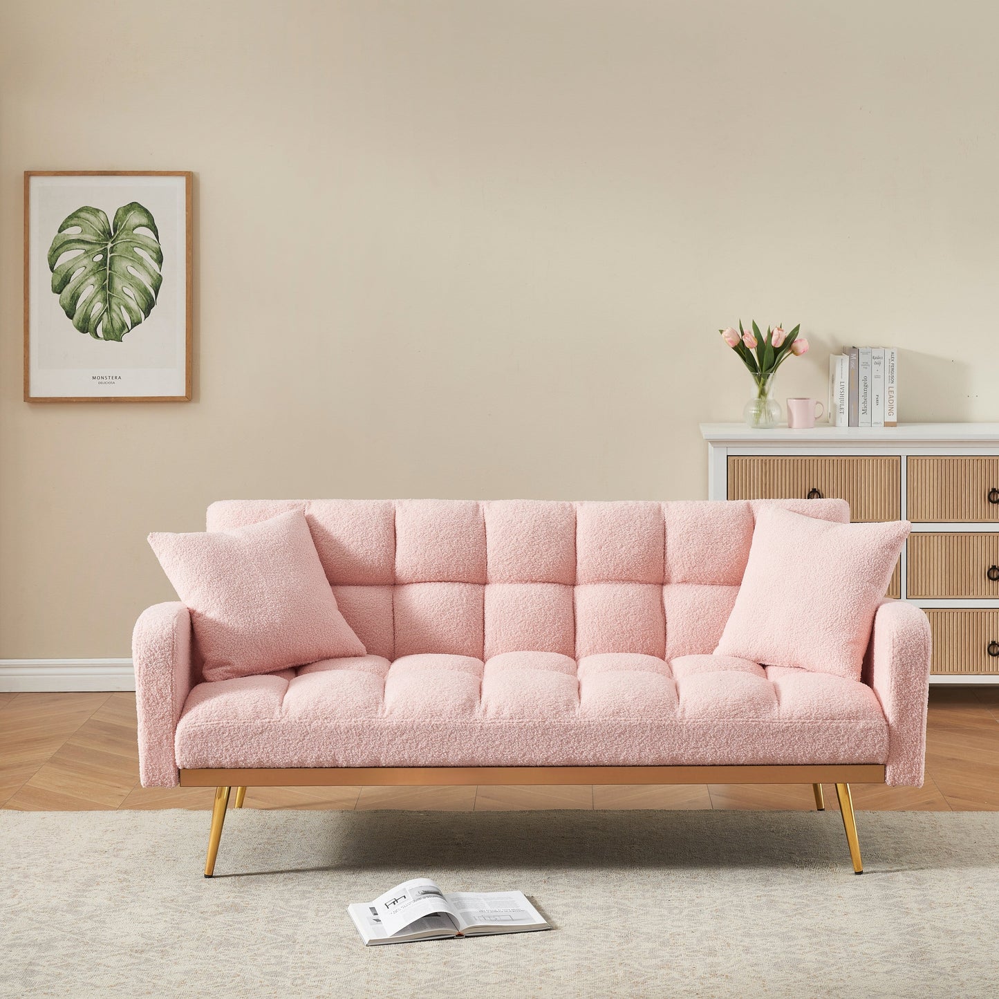 69 Inch Sofa Bed Pink with Adjustable Teddy Sofa for Small Space Living Room and Bedroom