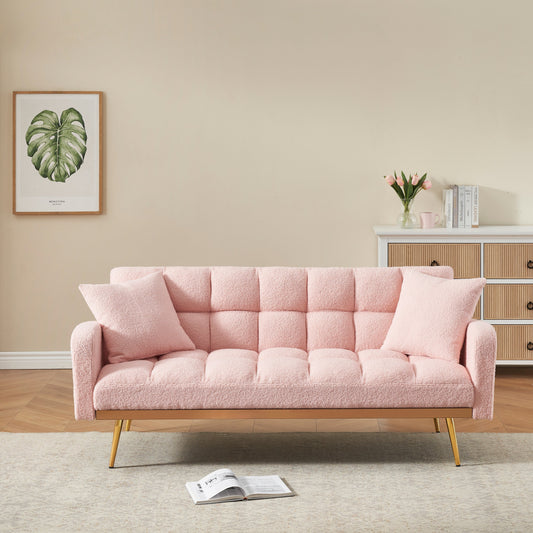 69 Inch Sofa Bed Pink with Adjustable Teddy Sofa for Small Space Living Room and Bedroom