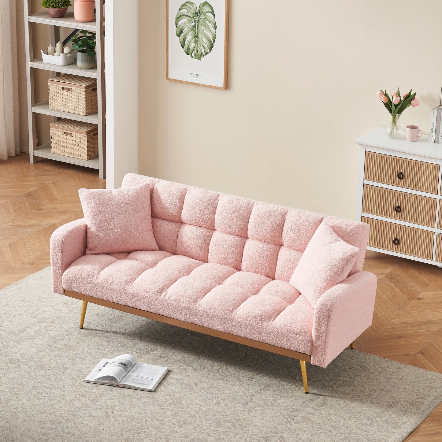 69 Inch Sofa Bed Pink with Adjustable Teddy Sofa for Small Space Living Room and Bedroom