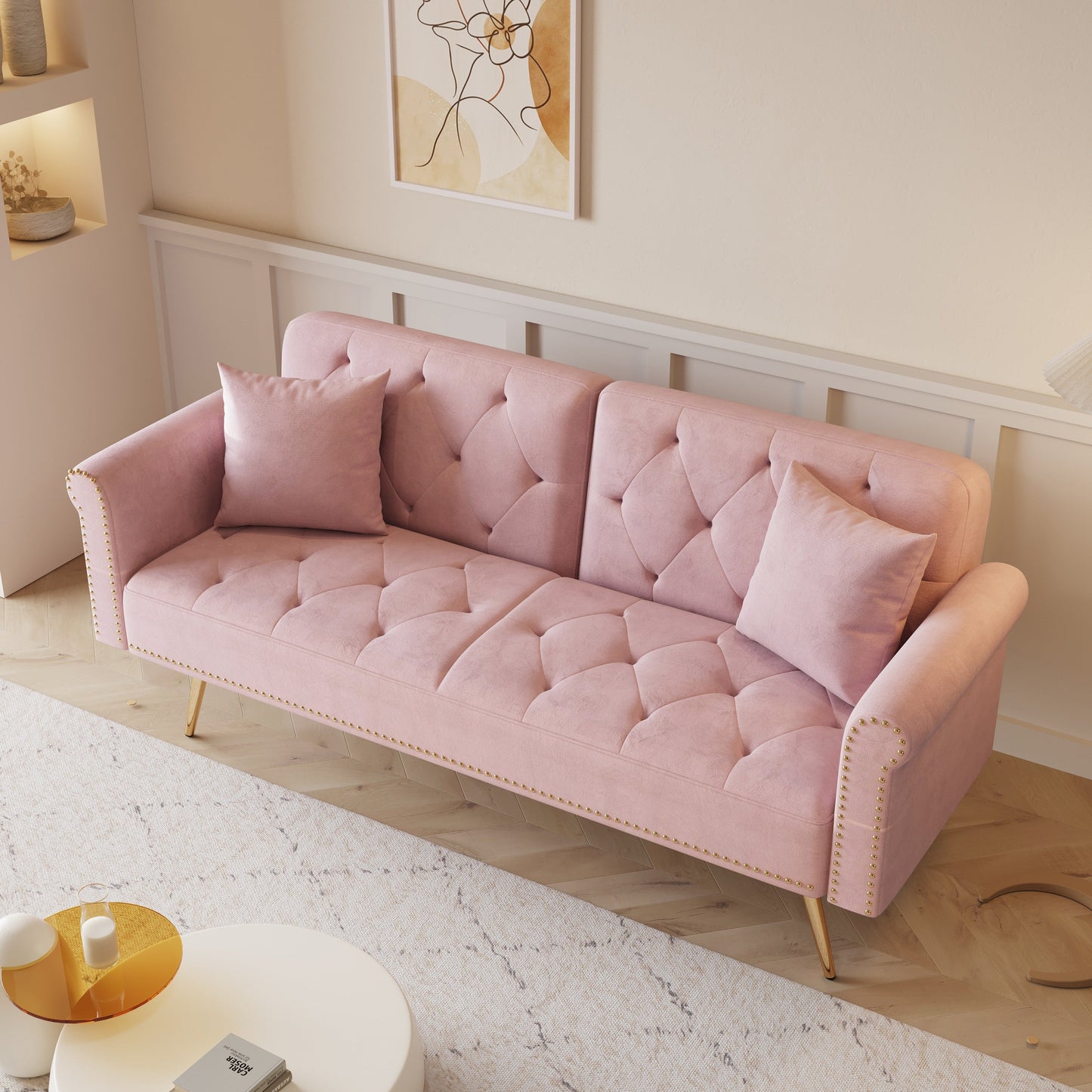 69.7 Velvet Sofa Bed with Nailhead Trim & Pillow - Modern 2-Seater Sleeper