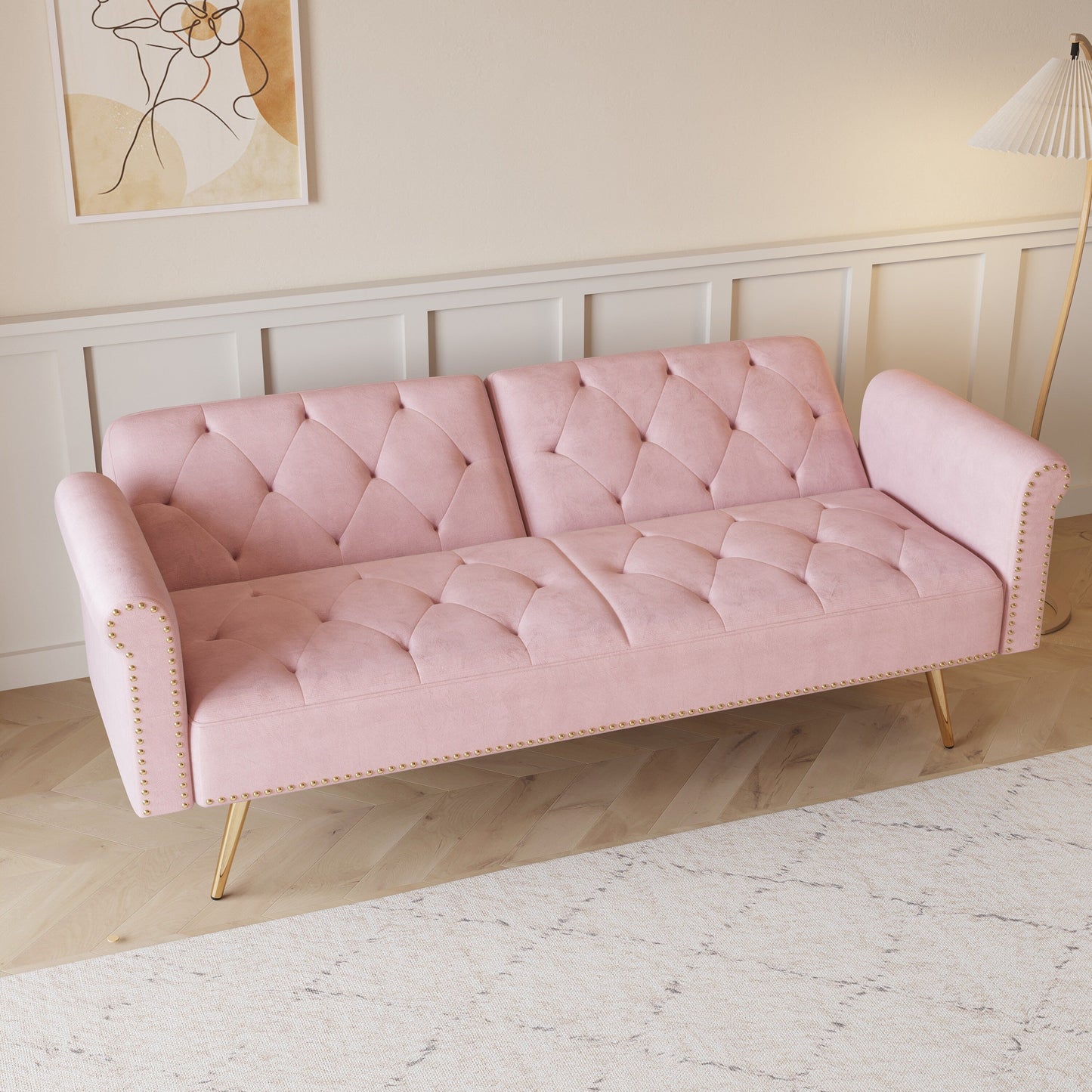 69.7 Velvet Sofa Bed with Nailhead Trim & Pillow - Modern 2-Seater Sleeper