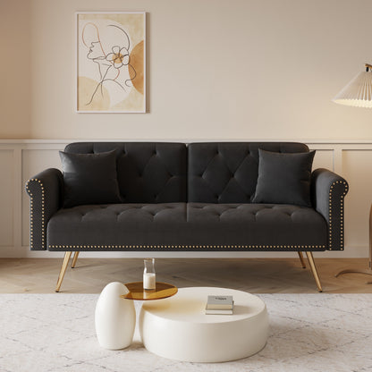 69.7 Velvet Sofa Bed with Nailhead Trim & Pillow - Modern 2-Seater Sleeper